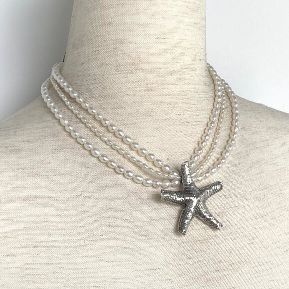Sterling Silver 925 Layered Triple Strand Freshwater Pearl Starfish Necklace - Picture 3 of 16